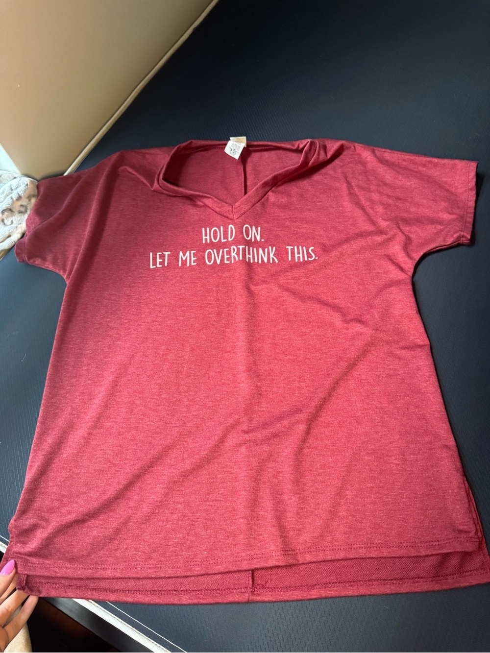 Woman’s Red Short Sleeve Tee with 'Hold On. Let Me Overthink This.'